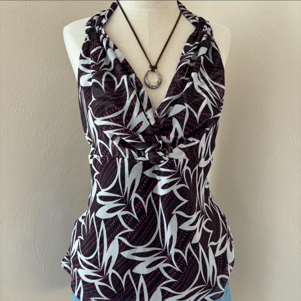 Worthington Black Floral Halter with Pink Accents